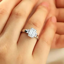 3.10 Ct Emerald Cut Moissanite Three Stone Ring 14K White Gold Plated
