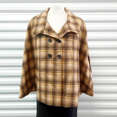 Tahari Arthur S. Levine Womens 12 Plaid Wool Blend Cape Coat Brown Cottagecore