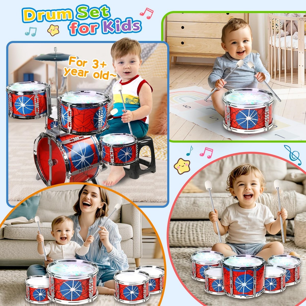 Kids Drum Set for Toddlers 1-3 with Lights Pedal, Spider Toys