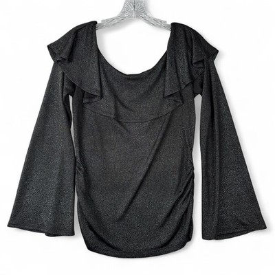 BCX Off The Shoulder Long Sleeve Top Blouse Ruffled Neck Stretch Womens L Large