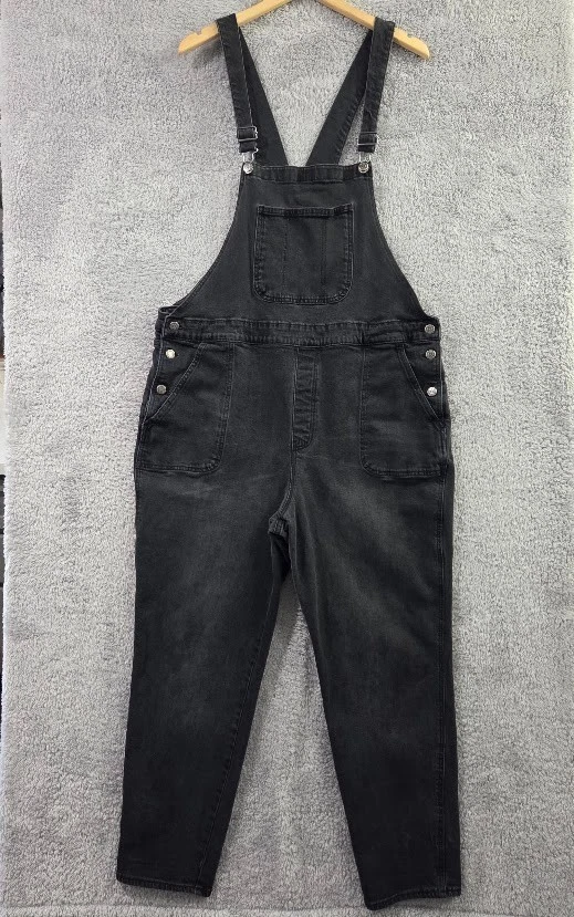 Old Navy Womens Size 20 Washed Black Denim Overalls Ankle Length 27" Inseam Bibs