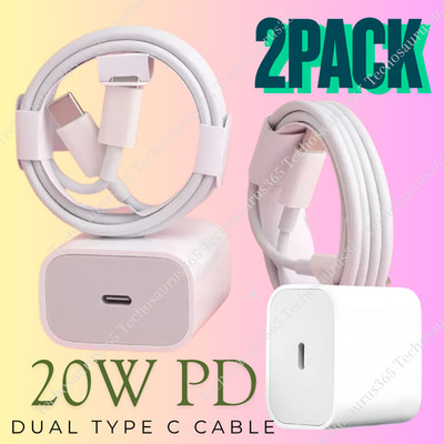 2Pack USB-C PD Fast Charger 20W Power Block Type C Cable For iPhone 17 16 15 16e