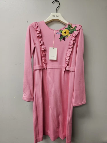 Gucci Vestito Ricamato Rosa Principessa Maglia Viscosa Elasticizzata Bambini Ragazze...