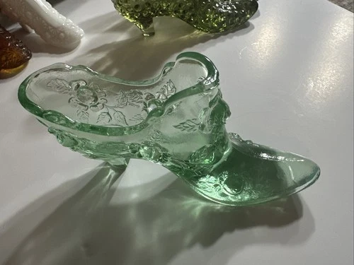 Vintage RARE Fenton Sea Mist Green Cabbage Rose - Fenton Glass Shoe