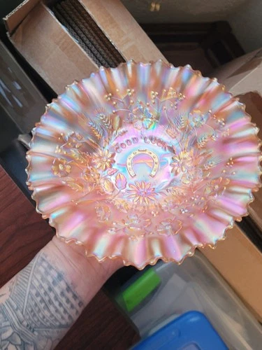 Very Pretty Marigold Northwood Carnival Glass Good Luck Pie Crust Edge Bowl