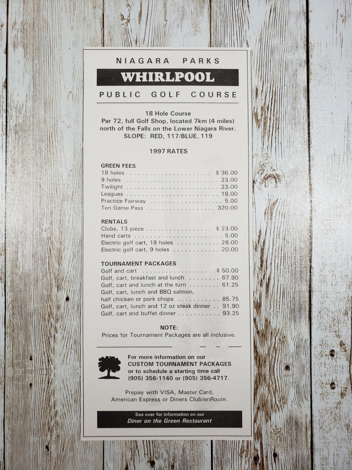 Whirlpool Golf Course Niagara Parks Diner on the Green Fee Schedule 1997