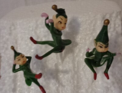 VINTAGE 1960's MINI CHRISTMAS ELF PIXIE ELVES CUPCAKE TOPPER PICK GREEN 3 NIP