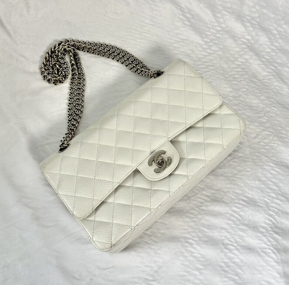 CHANEL Medium Caviar Double Flap Leather Shoulder Bag Bijoux chain - White