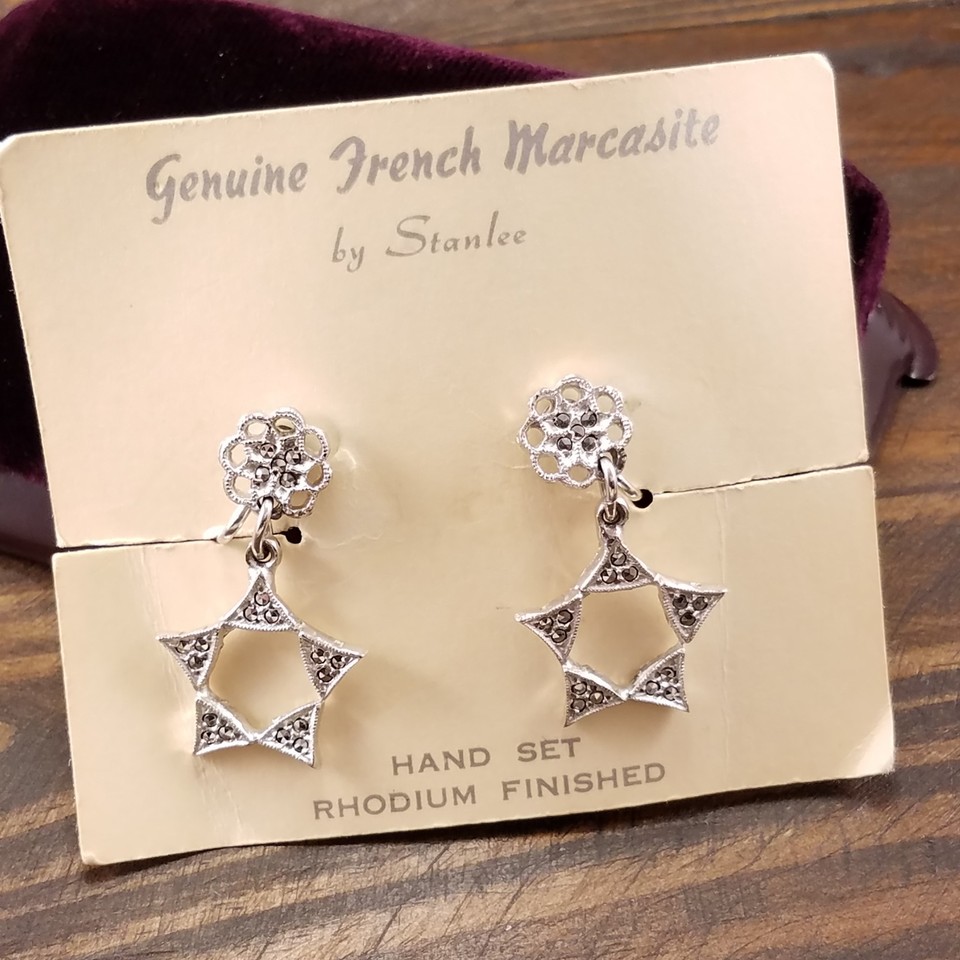 Vintage Jewelry French Set Marcasite Star Earrings Rhodium Plating by