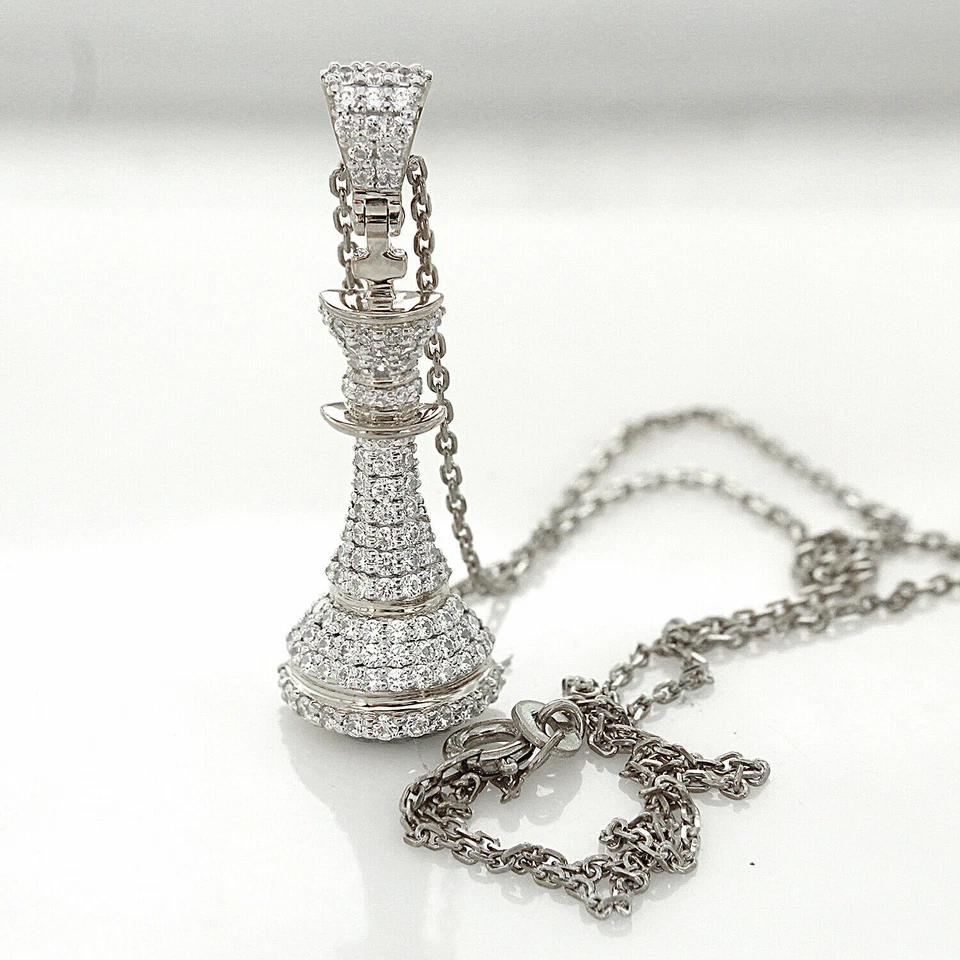 2.34CT Round Simulate Diamond King Chess Pendant Necklace 14k White Gold Finish - Image 4 of 4