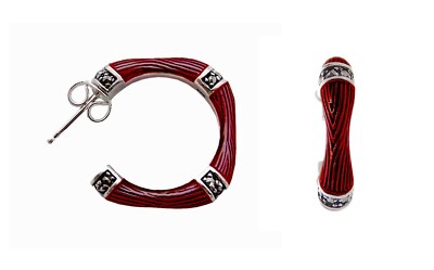 Bambus Stil Halbcreolen 925 Sterling Silber mit roter Emaille & Markasiten