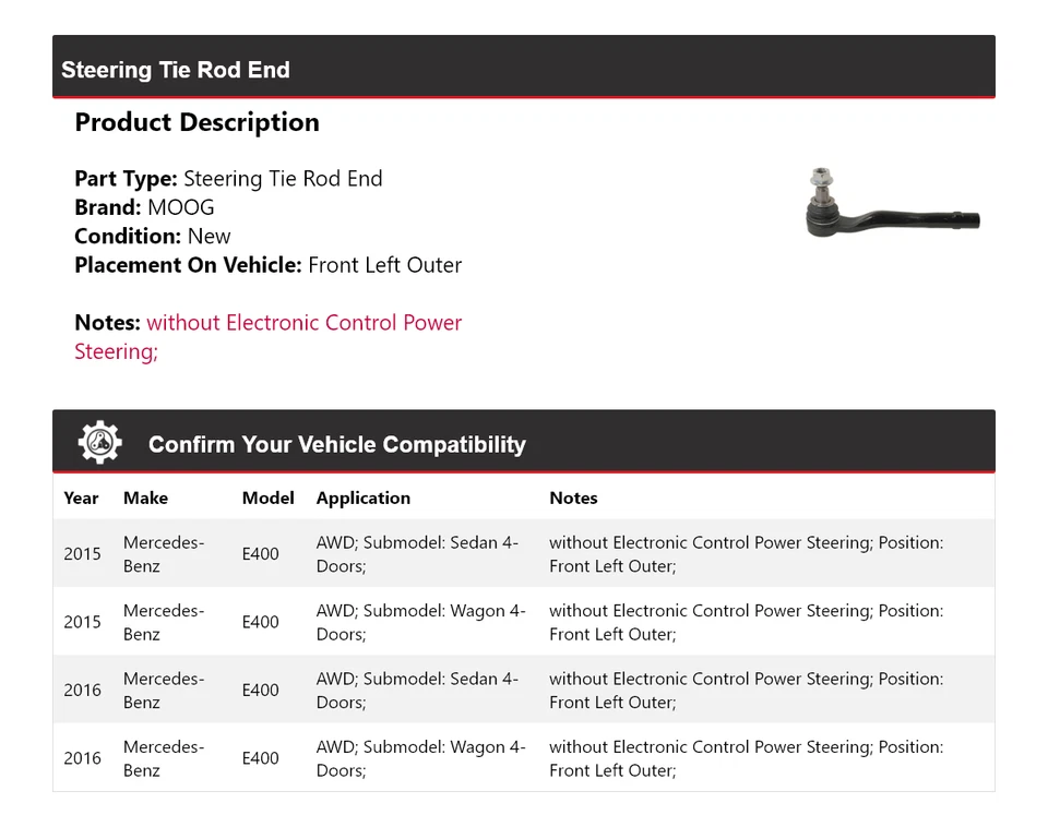Para Mercedes-Benz E400 2015-2016 AWD extremo de barra de dirección delantero izquierdo exterior MOOG Foto 2 de 4