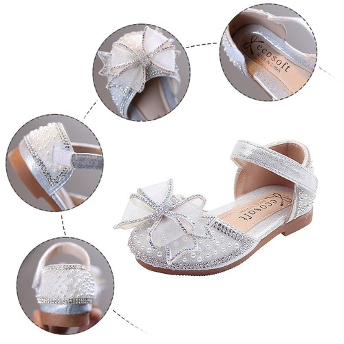 Bowknot Performance Dance Shoes For Girls Childrens Pearl Rhinestones Shoes - Picture 13 of 26