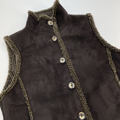 L.L. Bean Button Up Pockets Vest Woman s S Petite Brown Suede Sherpa Faux 0 BCU2