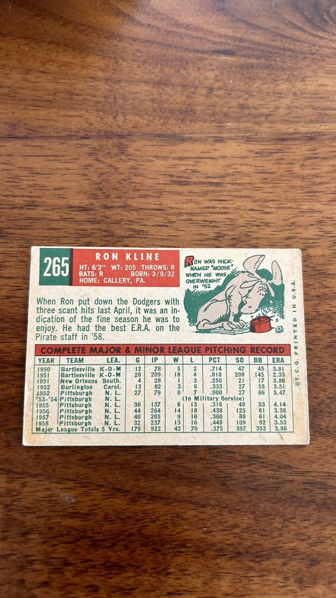 1959 Topps Set-Break #265 Ron Kline Pittsburgh Pirates | eBay