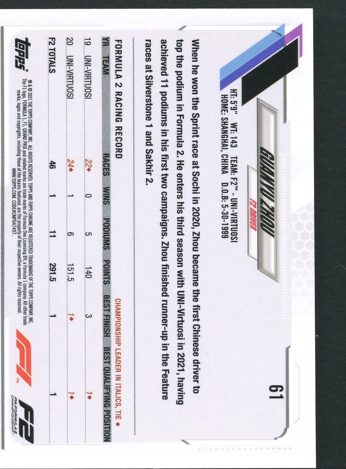 Guanyu Zhou 2021 Topps Chrome F1 Formula 1 Racing Future Stars Purple Green #61 - Image 2 of 2