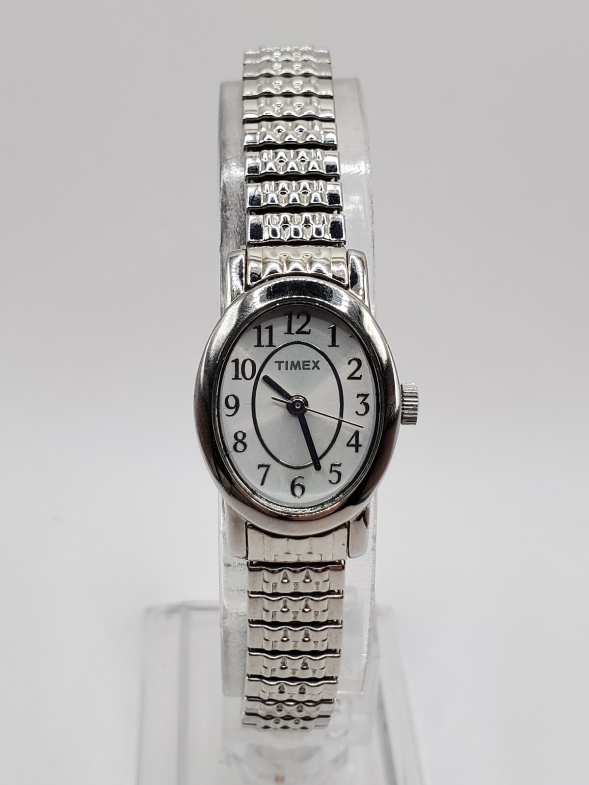 Timex Ladies Fashion Quartz Watch 18mm Oval Silver Tone Stretch Bracelet
