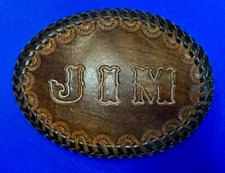 Custom Name JIM Embossed on Brown Leather Hand Stitched Vintage Belt Buckle