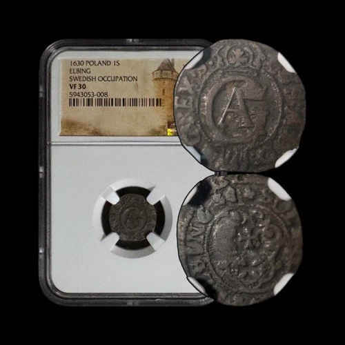 POLAND. 1630, Solidus, Silver - NGC VF30 - Gustav II Adolf, Elbing, Szeląg