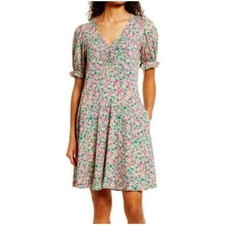 Boden Women’s Sz 10 Petite Pink Green Floral Jersey Dress V-Neck Puff Sleeve