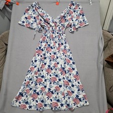 Floral Smocked Waist Midi Dress Flutter Sleeve V-Neck Pink Blue White Medium