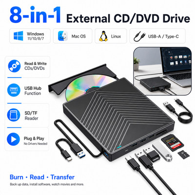 External CD DVD Drive USB 3.0 Writer Burner Player For Laptop PC Windows 11/10