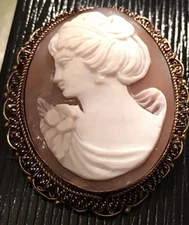 Antique Victorian Shell Cameo Gold Silver Ornate Art Nouveau Lady Hand Carved