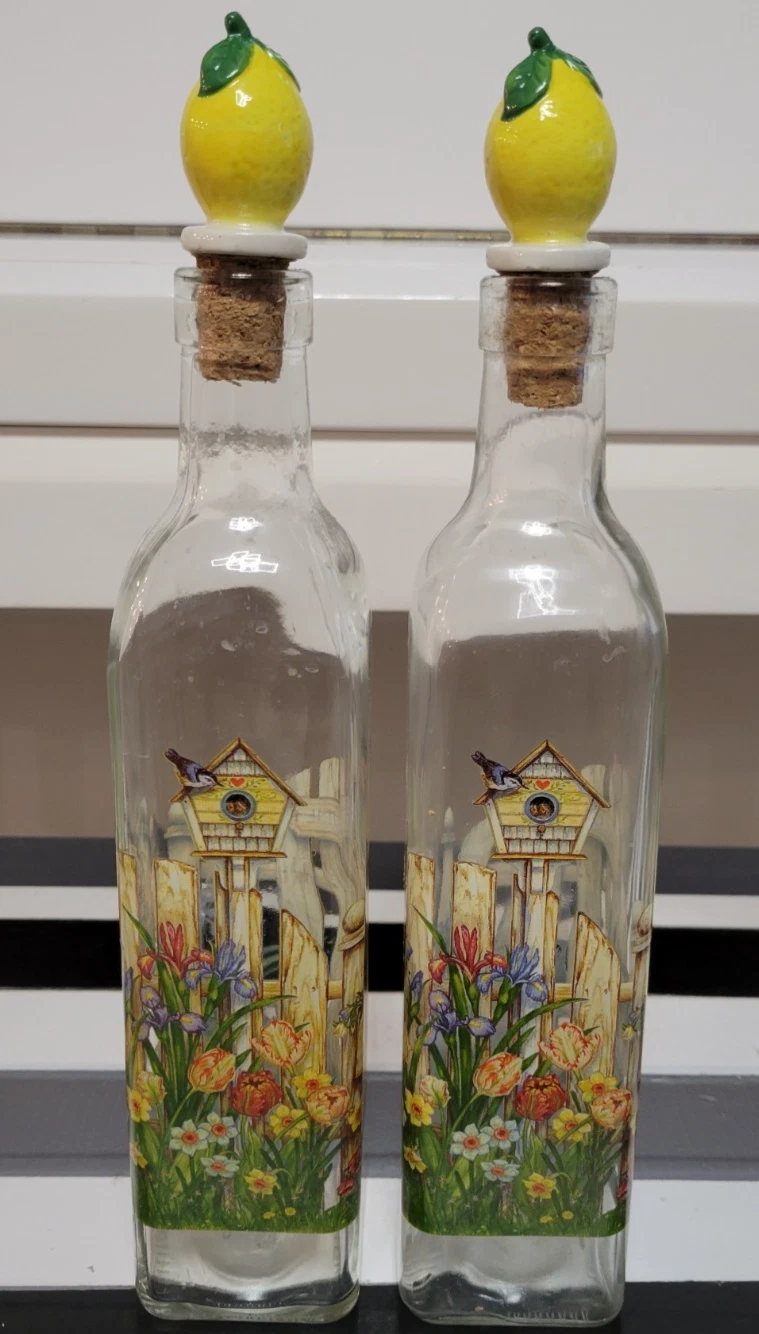 CLEAR GLASS OIL AND VINEGAR OR CONDIMENT BOTTLES FLORAL GARDEN DESIGN 10.25 INCH