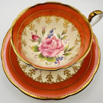 Vintage Aynsley Cup & Saucer Pink Rose Gold Filigree Gilt; Orange England Teacup