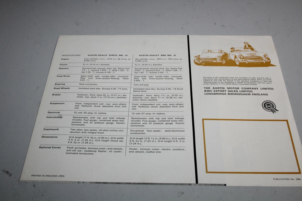 Austin Healey 3000 MK III Sprite MK Prospekt Brochure Inglese - Immagine 3 di 3