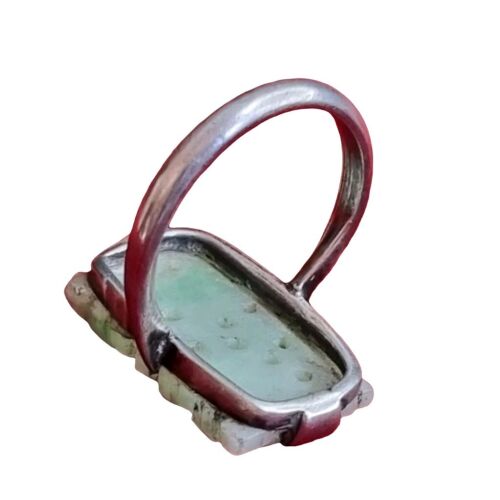 Art Deco Chinese Carved Pierced RING Green Jadeite Jade Flower Silver Sz UK M - Picture 4 of 6