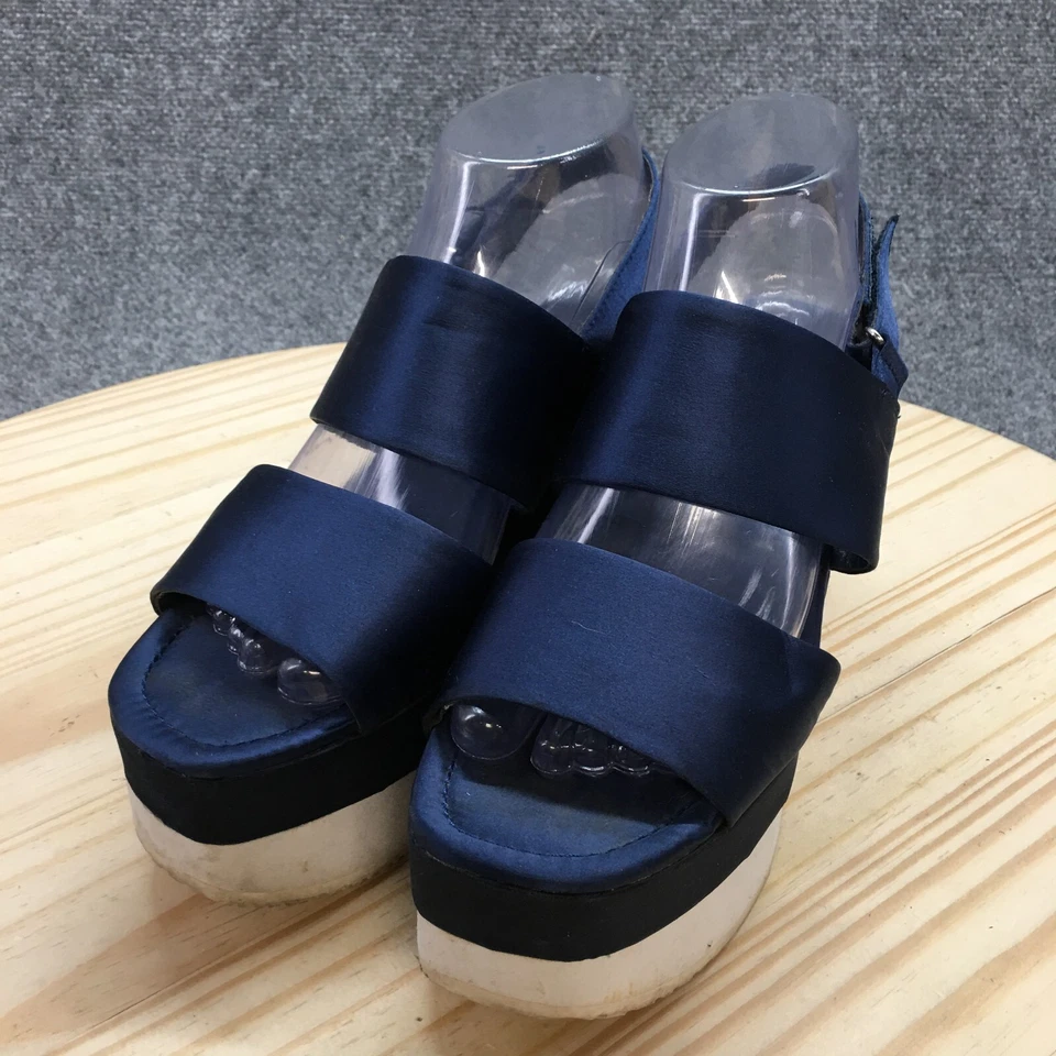 Zara 基本款凉鞋女式 38 休闲厚底楔形露背白色蓝色面料 — 第 3/4 张图片