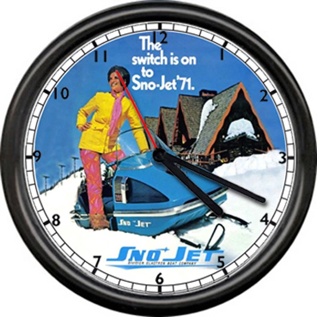OFF THE WALL CLOCKS Sno-Jet SST 1971 Snojet Snowmobile Racing Dealer Retro Vintage Sign Wall Clock