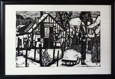Diether Kressel, 1925-2015, Excellent Woodblock Print 1962: CHILD WITH SLEIGH '