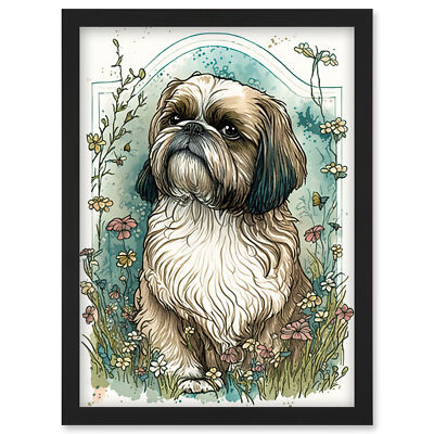 Shih Tzu Dog Wildflowers Modern Art Nouveau Framed Wall Art Picture Print A4