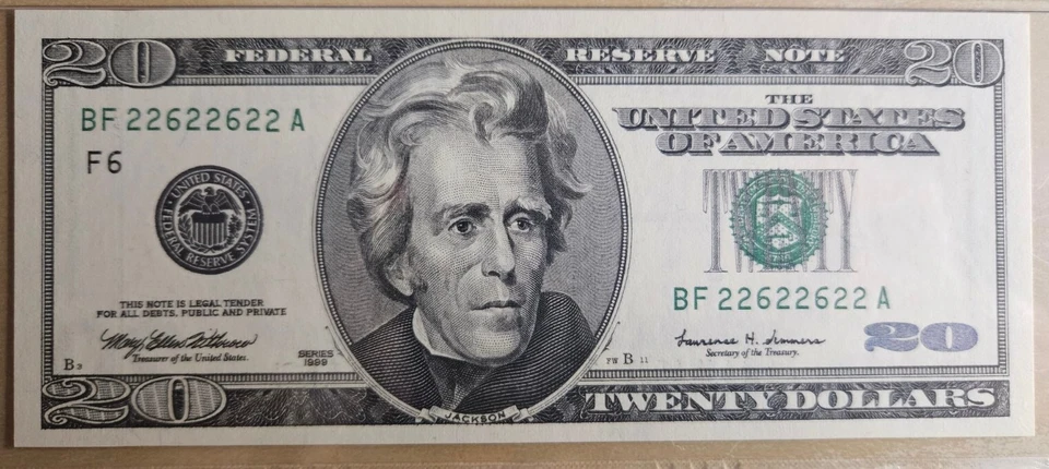 1999 $20 FRN PMG 65EPQ Binary RADAR Repeater Serial #BF22622622A Uncirculated - Image 3 of 3