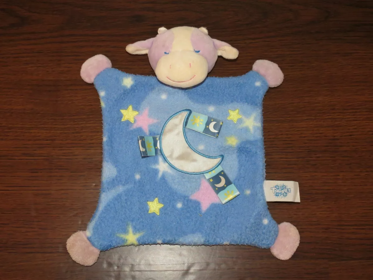 Taggies Cow Hey Diddle Moon Stars Blue Fleece Baby Lovey Security Blanket USED