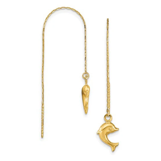 14k Yellow Gold Dangle Petite Dainty Drop Puffed Dolphin Fine Threader Earrings - Image 2 of 4