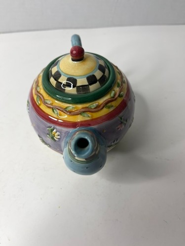 Debbie Mumm Teapot  5” Tall Sakura Kitsch Floral checker Ceramic Kitchen Decor - Picture 6 of 18