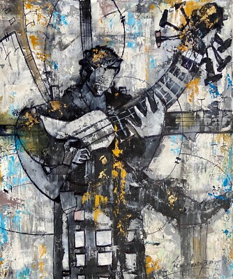 ORIGINAL ÖLGEMÄLDE MARIO MENDOZA HANDARBEIT MANN SPIELT GITARRE ABSTRAKTE KUNST