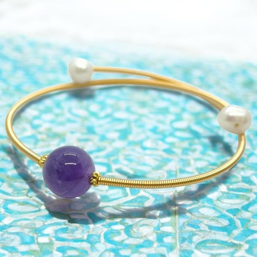 Brazalete Brazalete Chapado en Oro Amatista Natural y Perla Fresca Envoltura Puño Resorte - Imagen 4 de 7