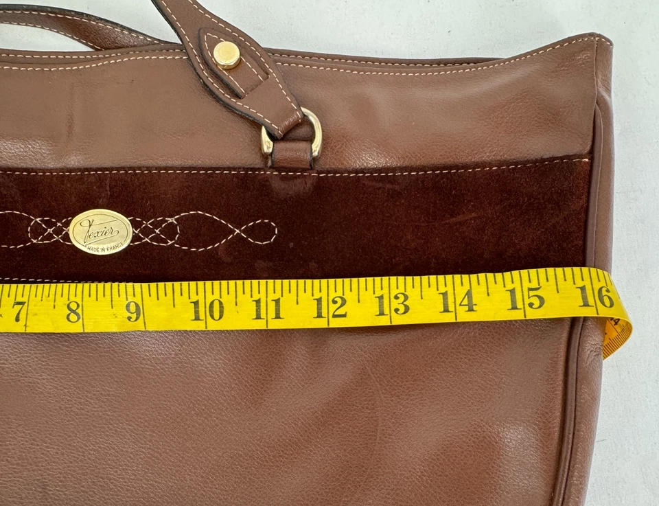 De Colección Años 80 TEXIER Marrón Lujo Cuero Grande Bolso de Mano Cartera Hecho en Francia Foto 4 de 4