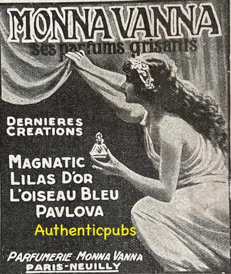 REKLAME MONNA VANNA PARFUM MAGNATIC LILAS D OR L OISEAU BLEU PAVLOVA 1919 AD