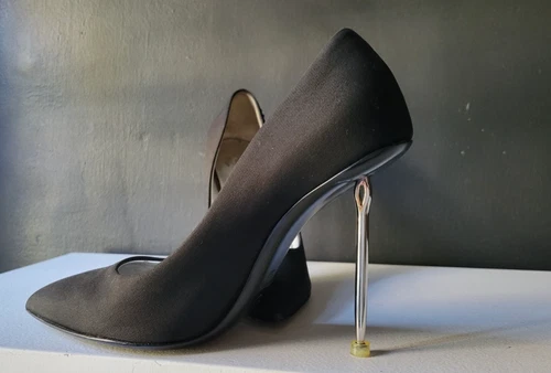 CHANEL BLACK FABRIC PUMPS w/ SILVER SEWING NEEDLE HEEL  GOOD CONDITION