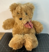 Vtg Kids Gift TEDDY BEAR Light Brown Shaggy 12in Plush Red Blue Green Yellow Bow