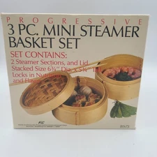 Vintage Progressive 3 Piece Mini Bamboo Steamer Basket Set 6 3/4" With Lid