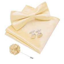 Mens Pre-tied Bow Tie Pocket Square and Cufflinks Set  Mens Champagne Gold