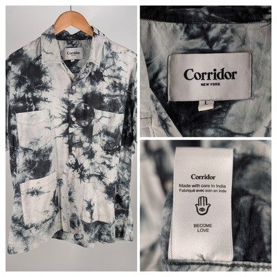 Corridor New York Tie Dye Short Sleeve Shirt Large Indigo Black White Cotton