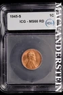 1945-S Lincoln Wheat Cent-ICG MS 66 RD Choice Gem BU No Reserve #SLL719