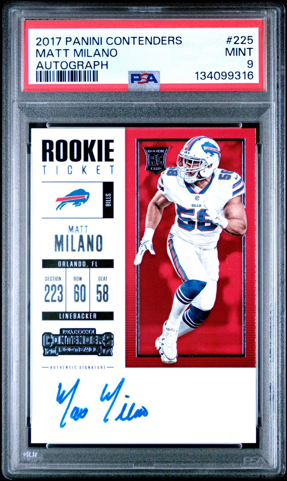 2017 PANINI CONTENDERS FOOTBALL MATT MILANO ROOKIE TICKET AUTO SP PSA 9 NO 225